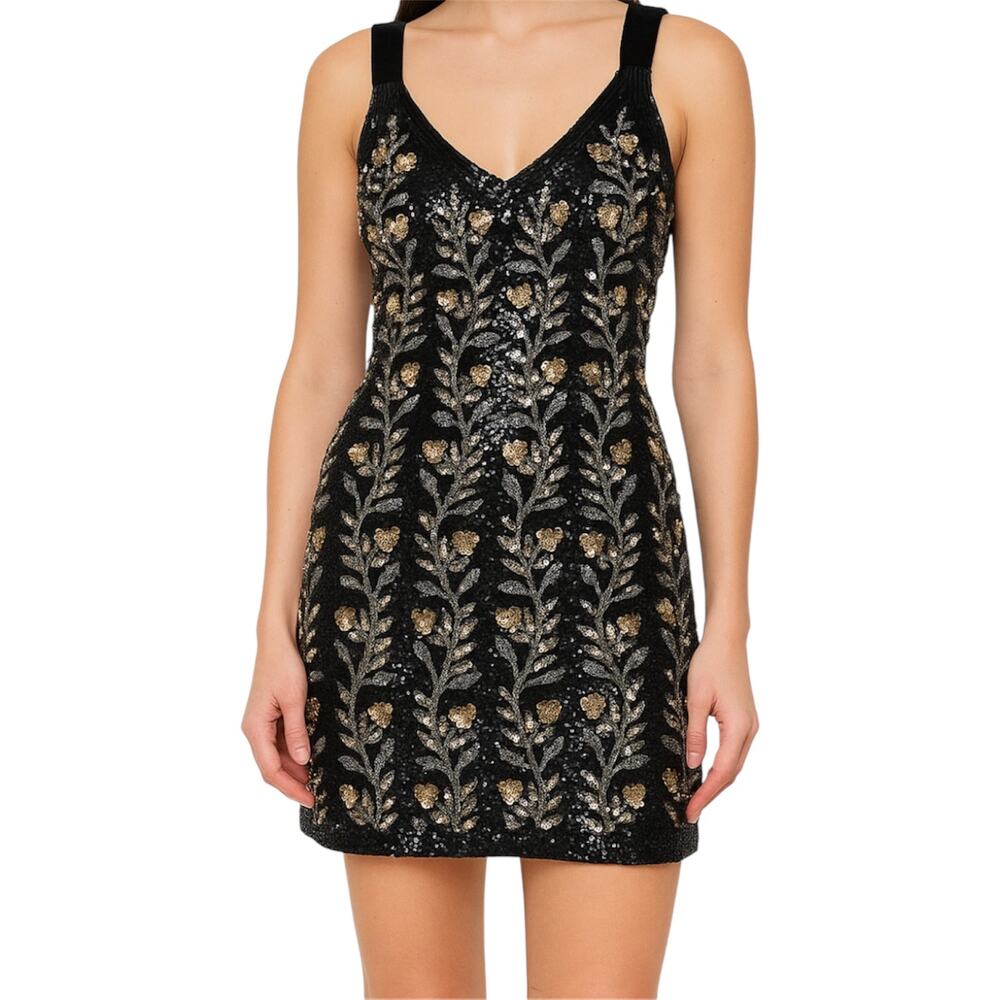 Vintage A.J. Bari Cocktail Dress 100% Silk 80s Floral Sequin Back Zip Black 6